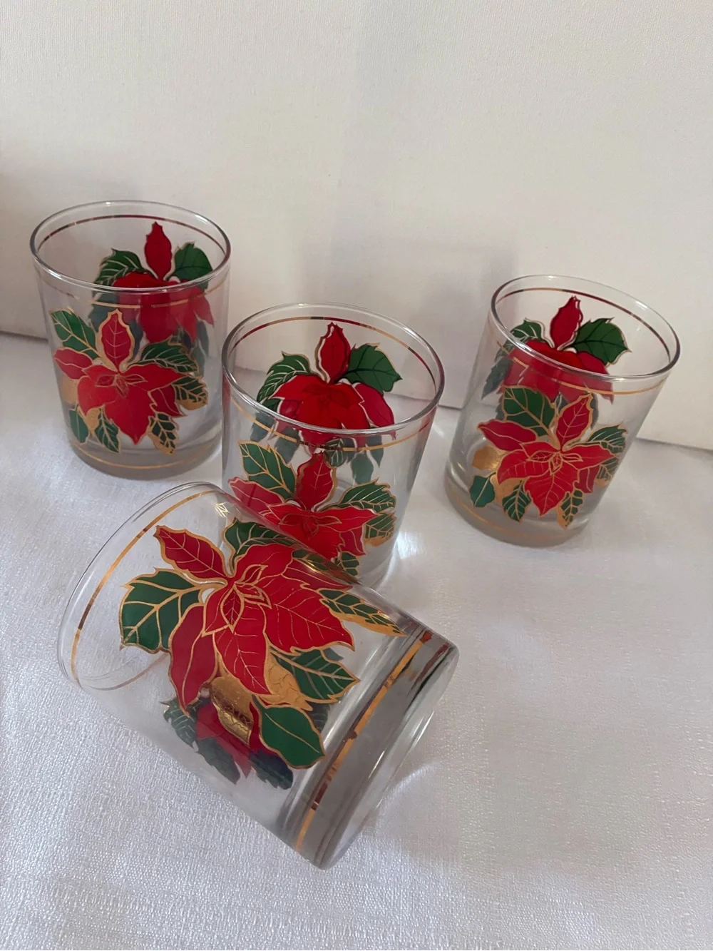 Culver Poinsettia Glass Tumbler - Red & Green Gold Trim Set of 4 Lowball